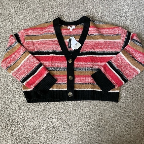 NWT BP. Crop Recycled Blend Knit Cardigan In Black Marl Striped V-Neck Size M - Picture 4 of 8
